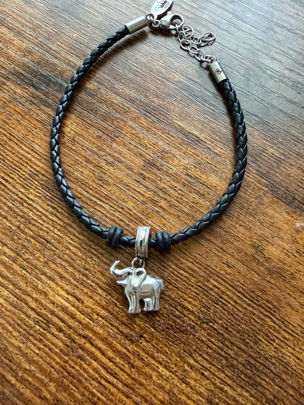 Hallmark Black Braided Leather Bracelet with Silver Elephant Charm